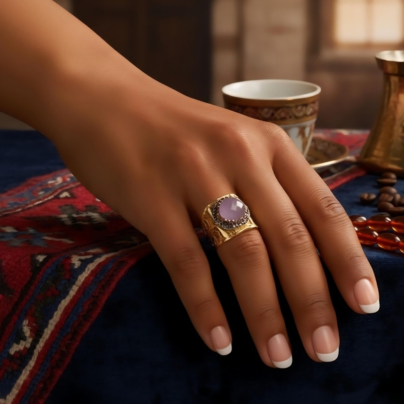 🆕️Boho Luxe Handmade Turkish Gold-Plated Wide Ring With Pink Cat’s Eye Hematite - Picture 3 of 12